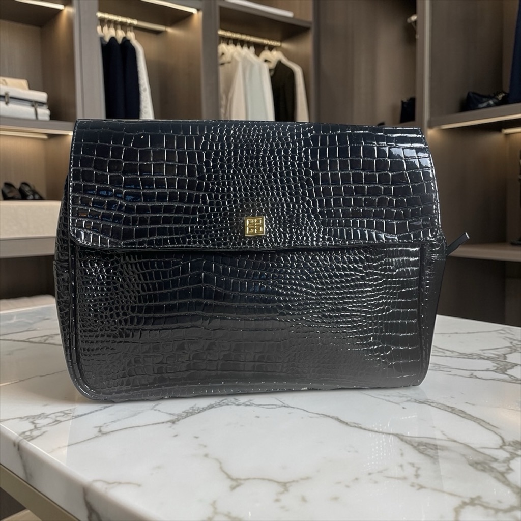 Givenchy Black Croc-Embossed Leather Wristlet Clutch With Gold Logo
